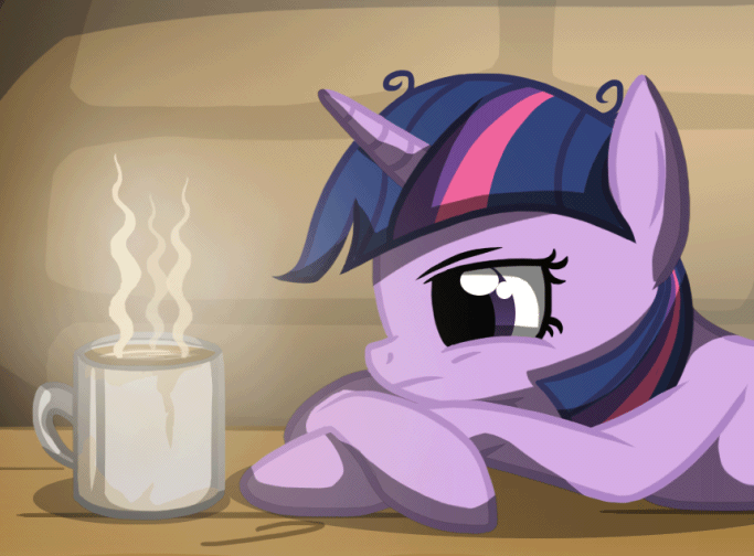 Twilight Sparkle, tired, looking at a cup of coffee.